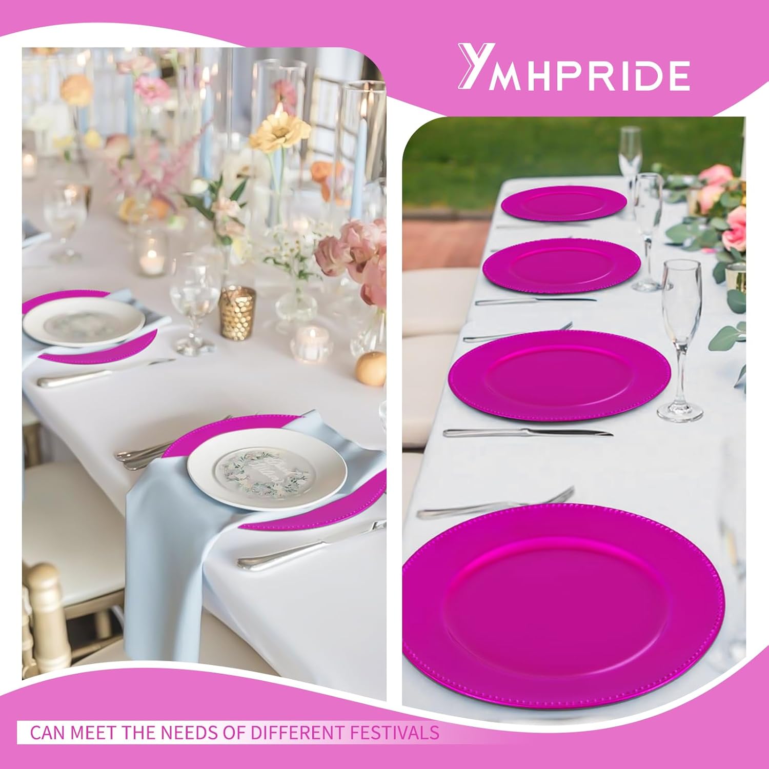 YMHPRIDE 60 Pack Hot Pink Plastic Reusable Dinner Charger Plates, 13'' Round Beaded Chargers Plates Vintage Table Decoration for Elegant Dining - Ideal for Weddings and Formal Events