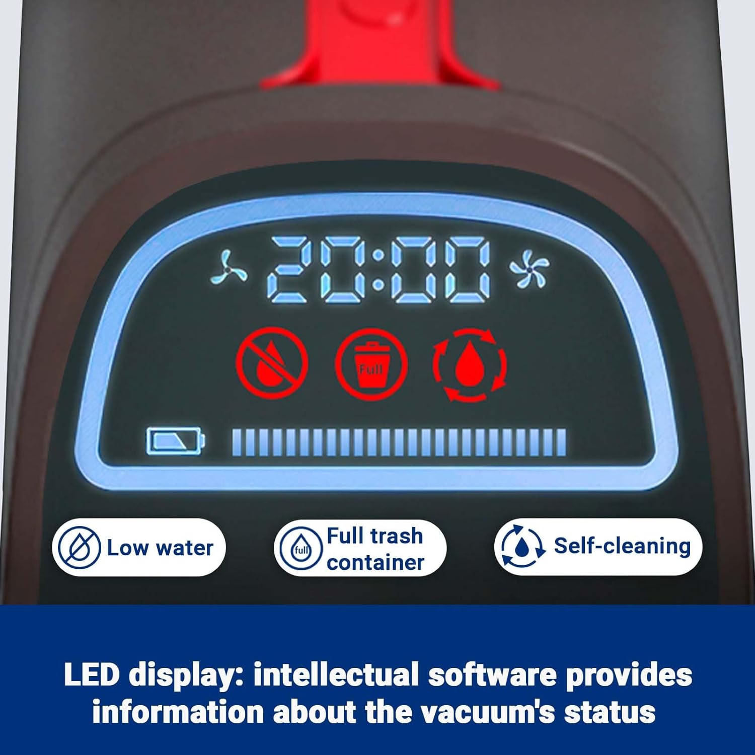 Close-up of the Atvel F16 Pro's LED display showing indicators for low water, full trash container, and self-cleaning.