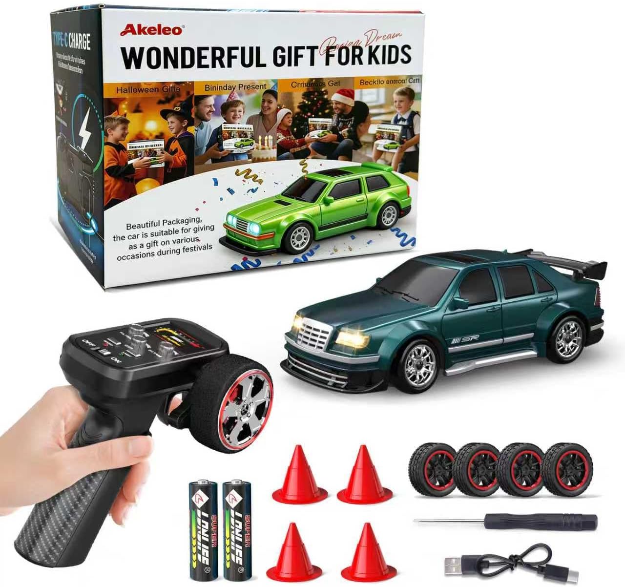 SkyNexus 1/43 Mini RC Drift Car with Gyroscope, 4WD, 20+KM/H Speed - RTR Remote Control Drift Car for Kids Adults (Green)