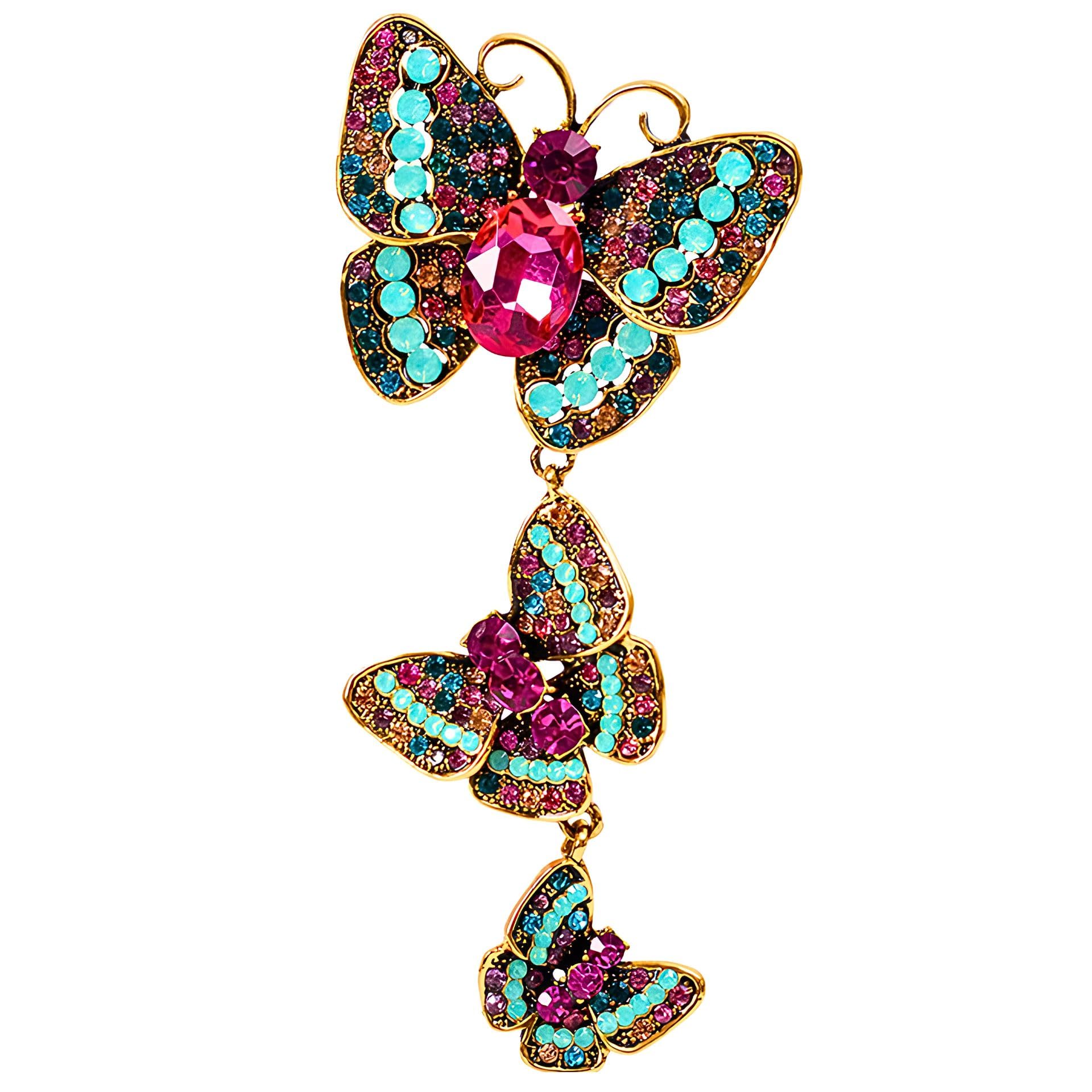 via mazzini Gold Plated Multicolour Crystals Studded 'Titania Triple Flutter' Butterflies Brooch Cum Saree Pin For Women And Girls | Trendy Statement Fashion Brooch Jewelry | Elegant Pin for Saree, Blazers, Dresses, Bags & More (Brooch0694) 1 Pc-picture-51