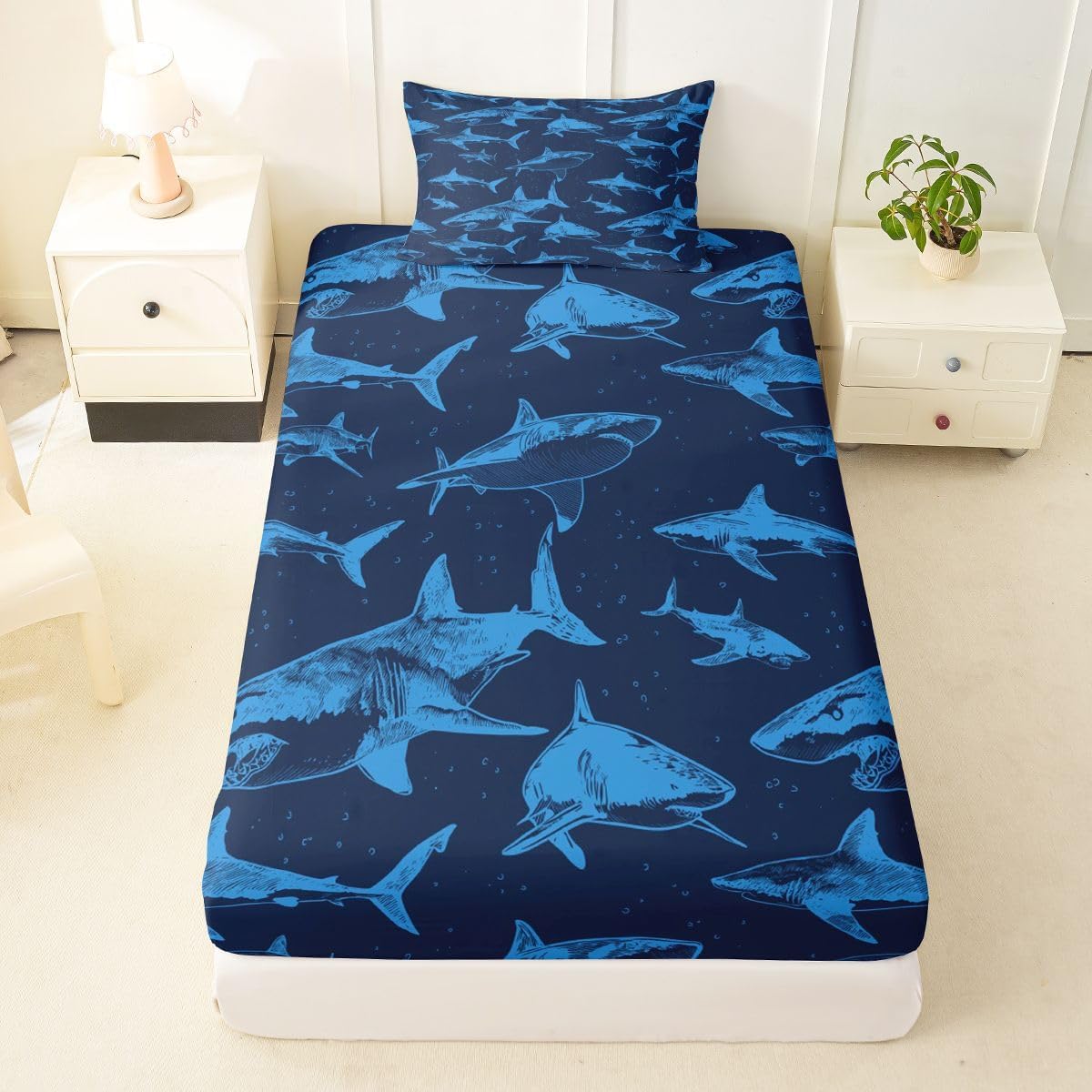 Erosebridal Shark Boys Fitted Sheet Twin Size Shark Fish Bed Sheets Coastal Ocean Life Bedding Set for Kids Teens Room Underwater World Navy Blue Sheets with 1 Pillow Case