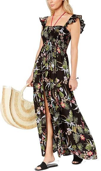 Raviya Printed Ruffled Maxi Dress Cover Up (Small) Black at Amazon Women's  Clothing store