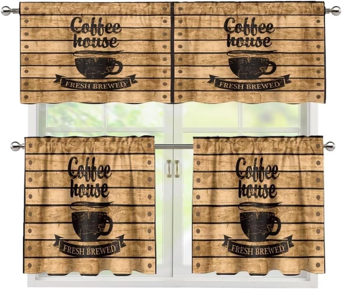 Vintage Wooden Board Coffee Kitchen Curtains and Valances Set Tier Retro Cup Rod Pocket Office Living Room Bedroom Dining Room Cafe 54 x 18 inches + 27 x 35.8 inches *2