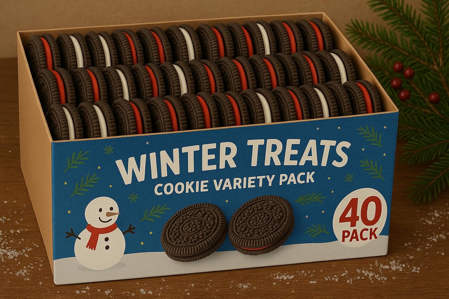 Winter Treats Cookie Variety Pack – 40 Count – Holiday Chocolate Sandwich Cookies with Red & White Creme – Festive Christmas Cookie Box for Kids, Parties, and Gifts