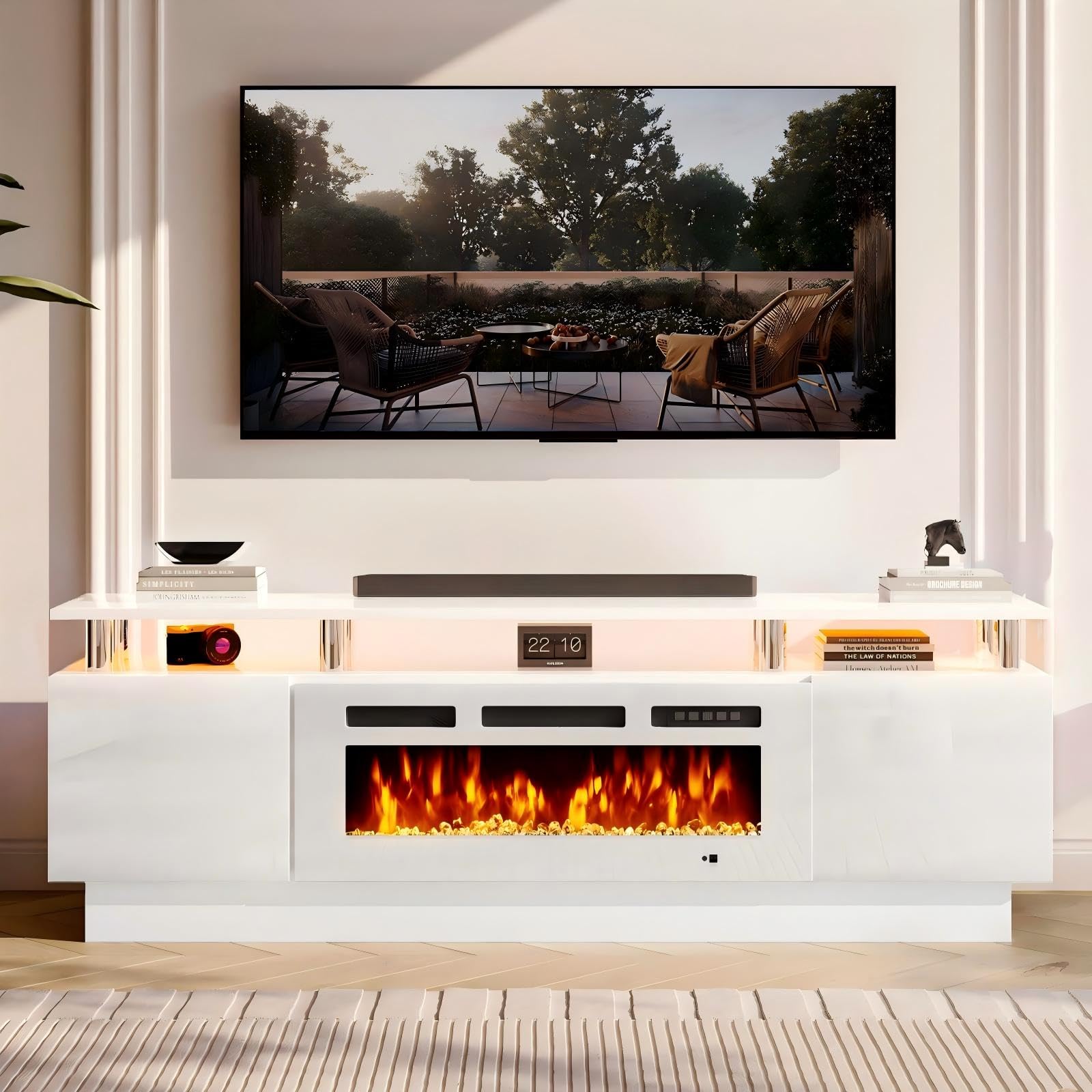 Assembled MXV 70-Inch Fireplace TV Stand in white with the electric fireplace glowing, showcasing its modern design and storage compartments.