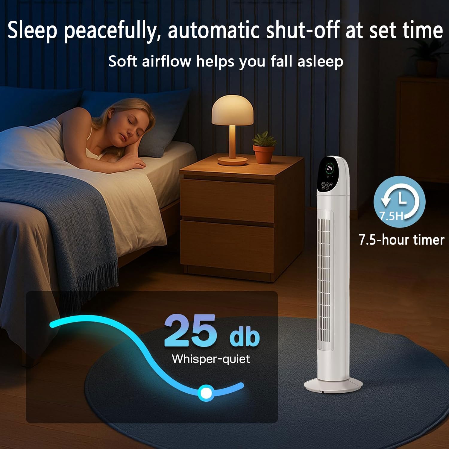 Ventilatore a Torre per Camera da Letto, Ventilatore di Raffreddamento oscillante a 3 velocità con Timer, circolatore d'Aria Silenzioso per Soggiorno, Ventilatore Verticale Portatile con Base Stabile