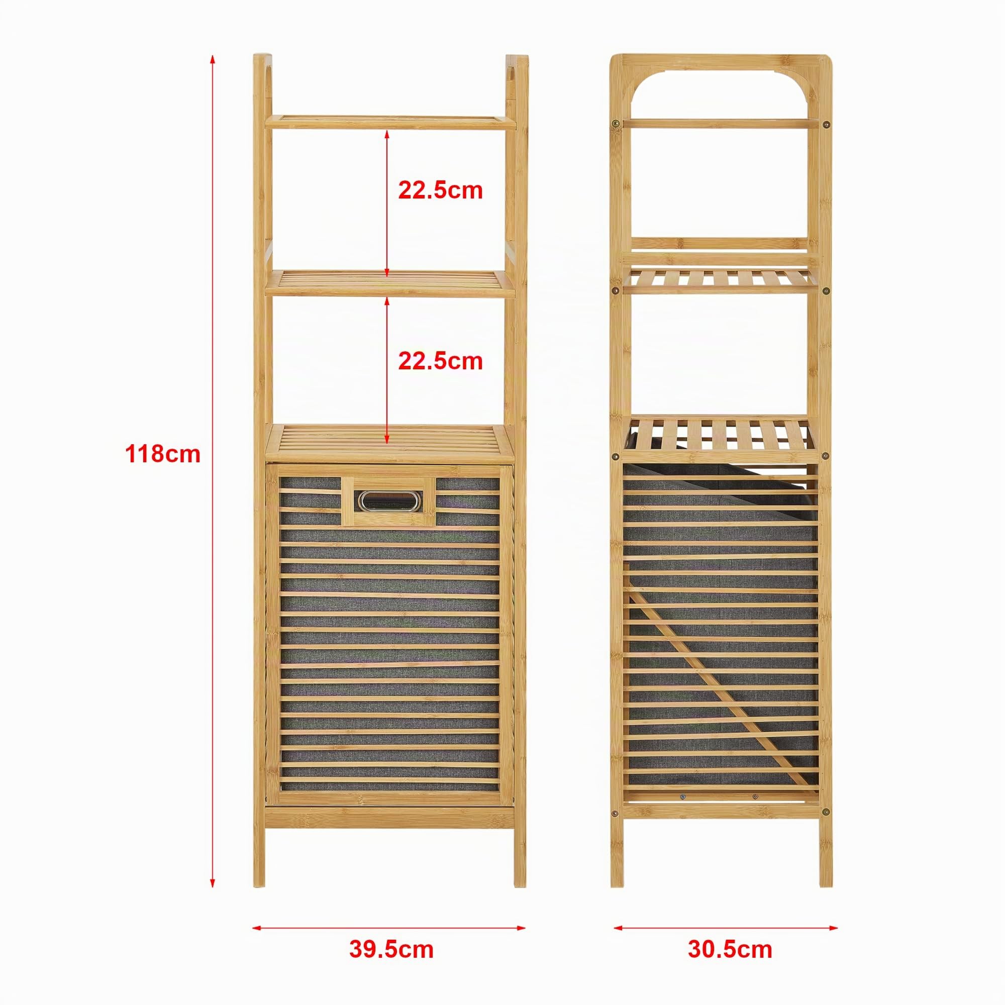 [en.casa] Estantería con Cesto Extraíble para la Colada Mueble de Baño Reclinable Ecológico Bambú Poliéster 118 x 40 x 31 cm Gris Natural