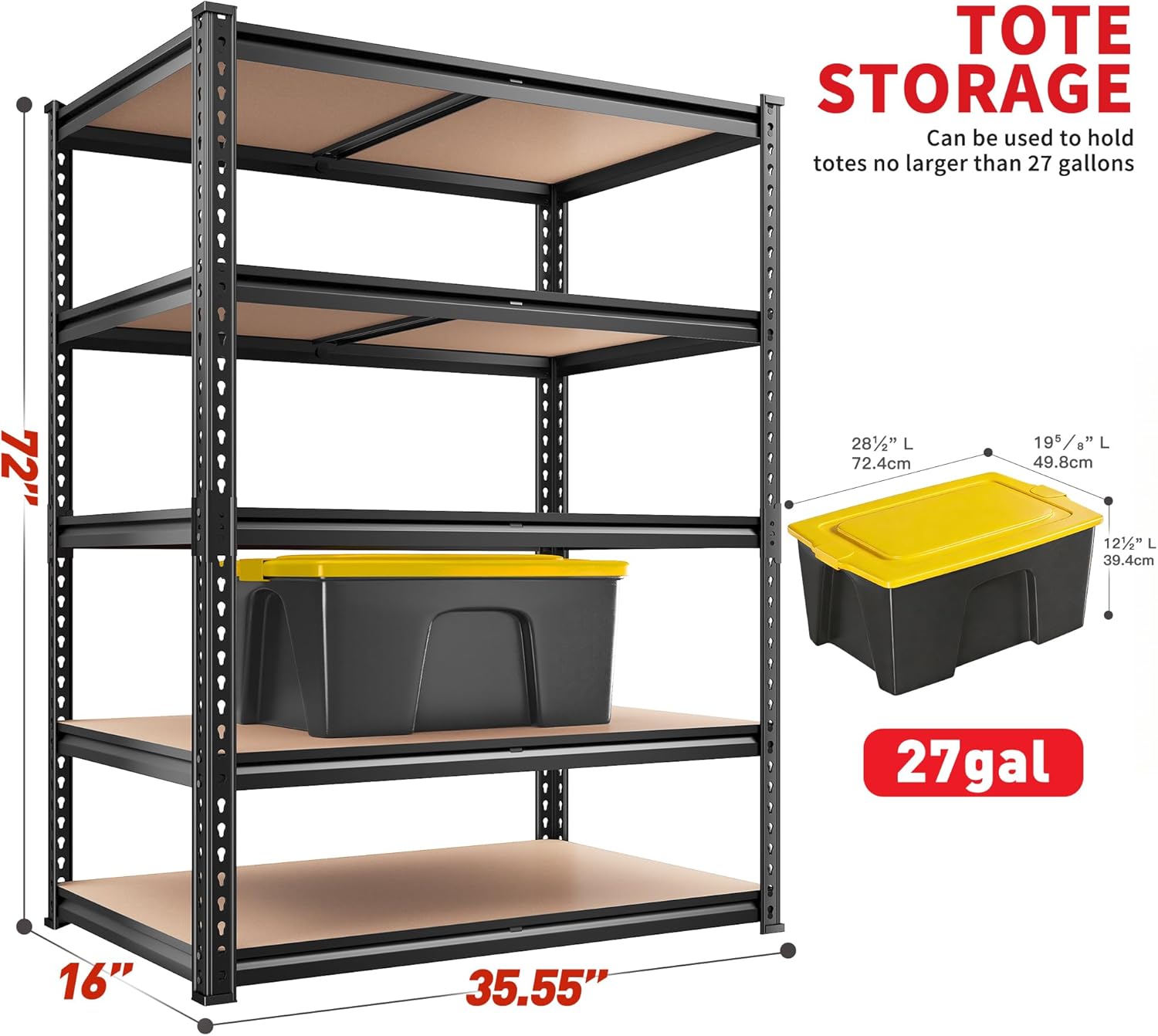 REIBII 2400LBS Storage Shelves 5 Tier Garage Shelving Heavy Duty, Adjustable Metal Shelving Unit, Garage Shelves for Basement, Warehouse, Pantry, Closet, Kitchen 72" H x 35.55" W x 16" D, Black - Image 3