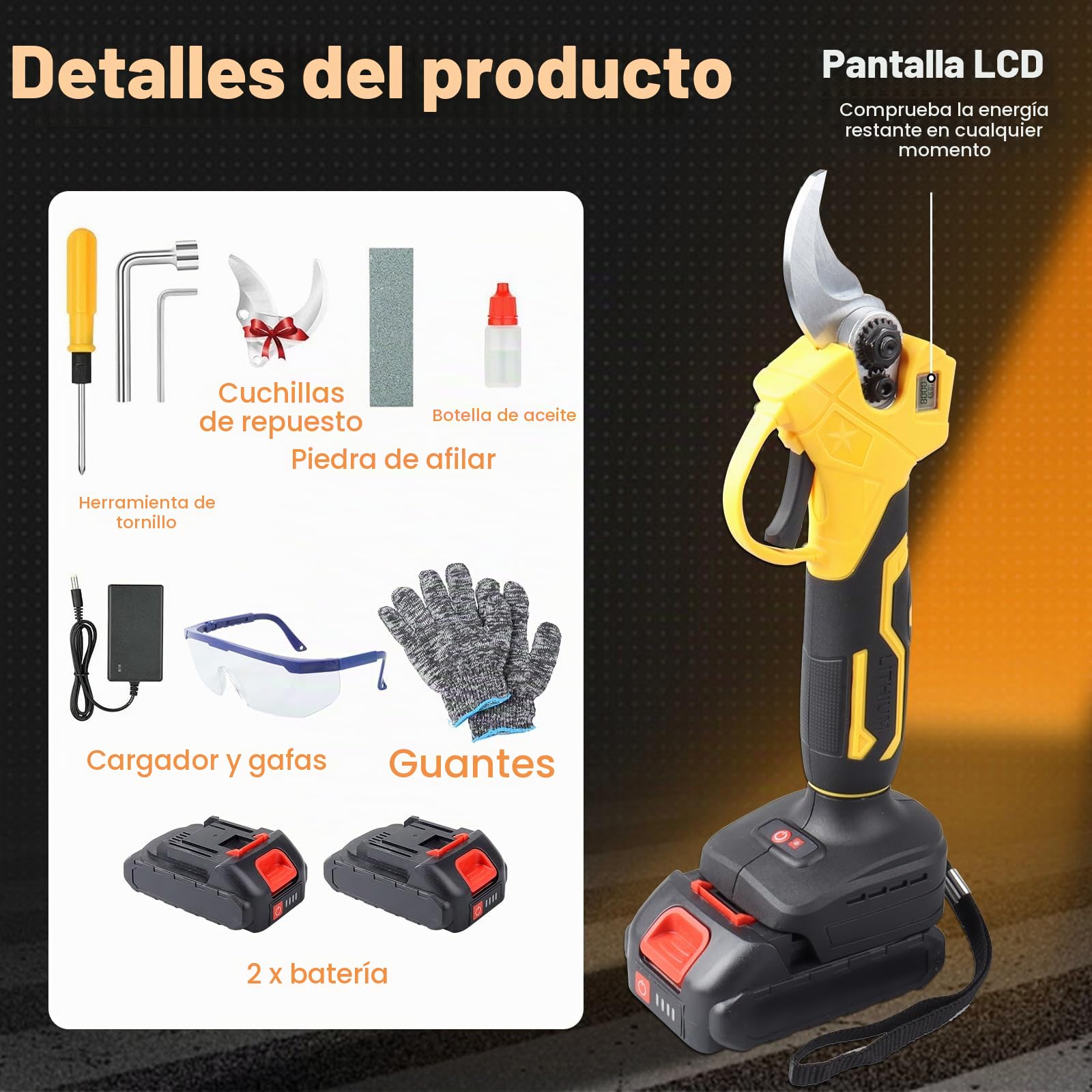 Tijeras Electricas Podar 35mm Tijeras de Podar Eléctricas con 2 Baterías de 21V, Tijeras de podar inalámbricas con Motor Brushless, Tijeras de podar para Árboles Frutales, Jardín