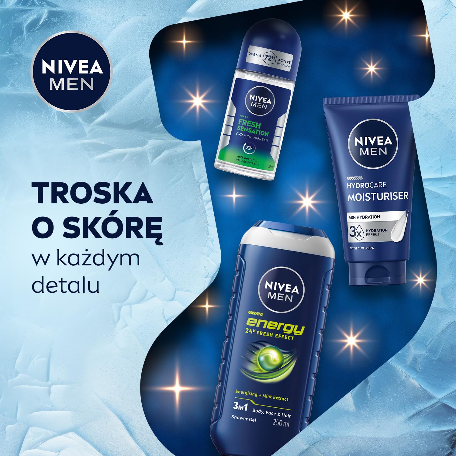 NIVEA MEN Feel Recharged Świąteczny prezent - Zestaw kosmetyków dla mężczyzn do twarzy i ciała: krem nawilżający, żel pod prysznic i antyperspirant roll on + skarpetki GRATIS