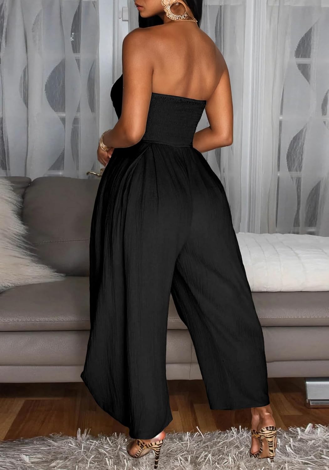 DINGANG Womens One Piece Strapless Jogger Jumpsuit Tube Top Off Shoulder Sleeveless Wide Leg Rompers - Image 5