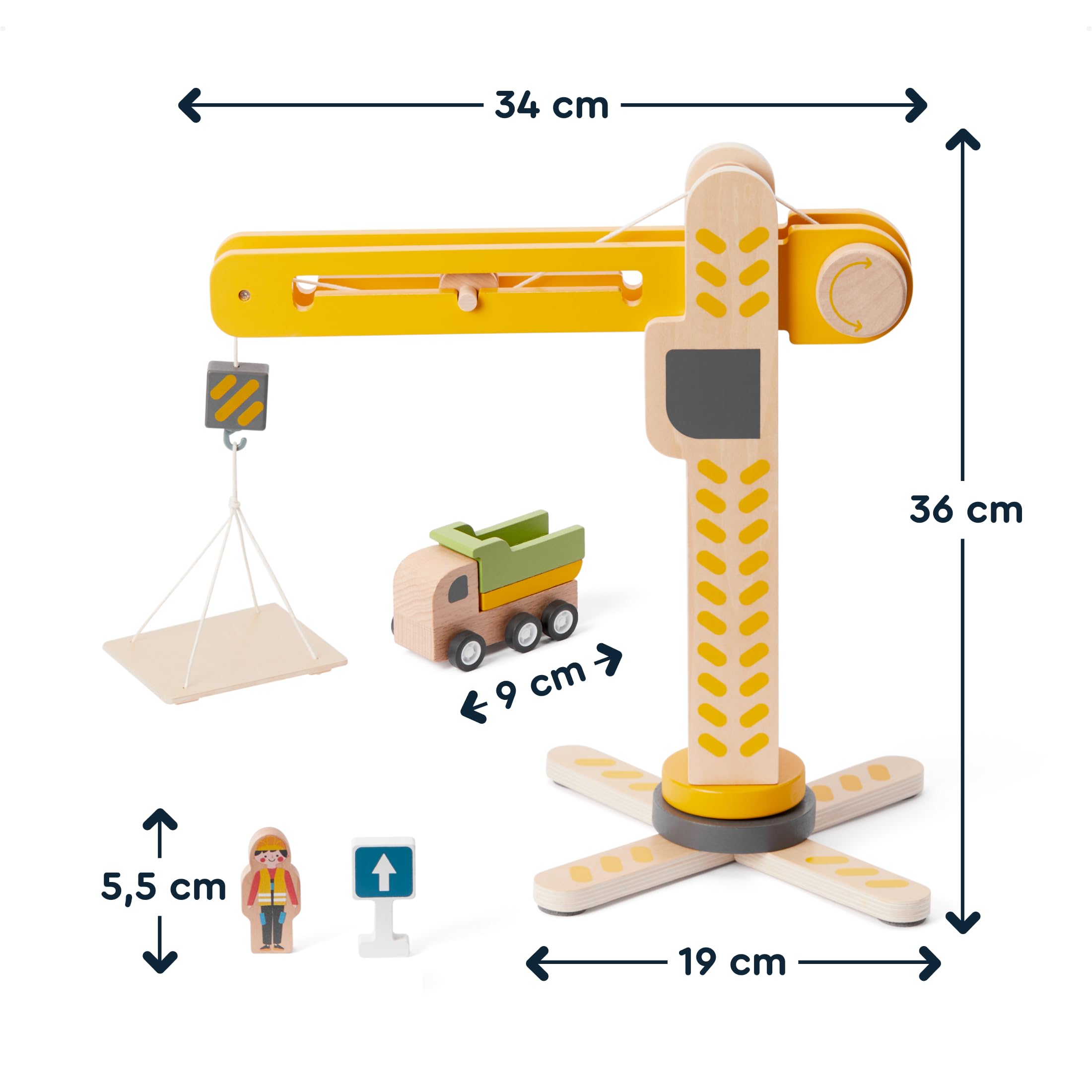Holzspielzeug Baustelle mit Turmkran, Baufahrzeuge, Betonmischer, Ampel, Verkehrszeichen, Baustellenset 18-teilig, 360° drehbarer Hebekran für Kinder ab 3 Jahren (Jungen)