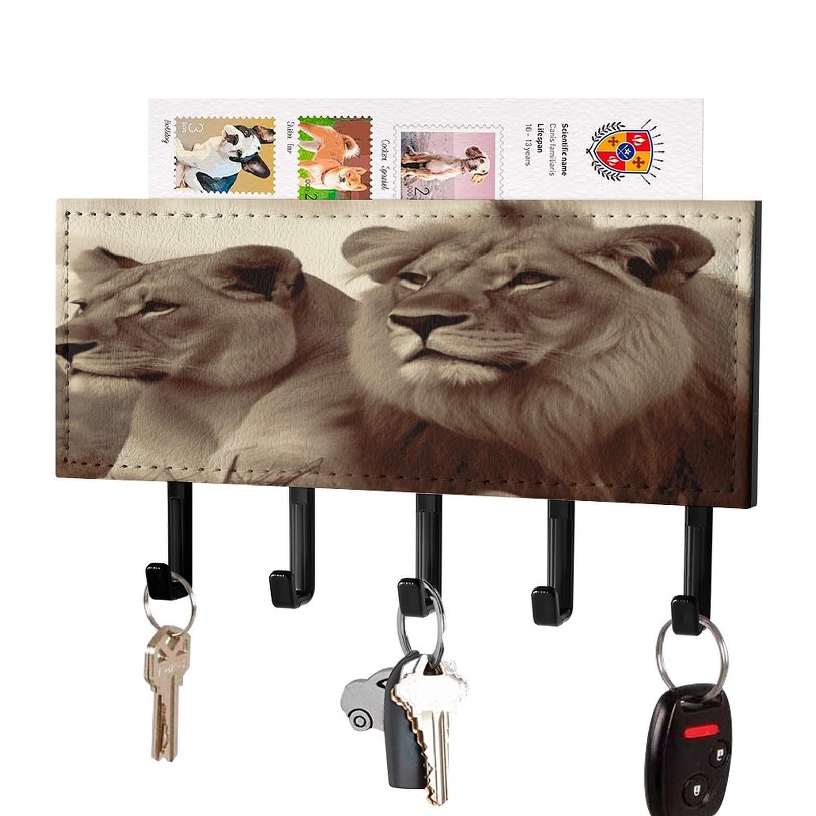 Vstadank Black-Style African Lion And Lioness Key Holder For Wall Mount With 5 Hooks Decorative Key And Mail Holder Farmhouse Wall Hooks With Shelf Pu Leather Key Rack With Mail Holders For Entryway Home