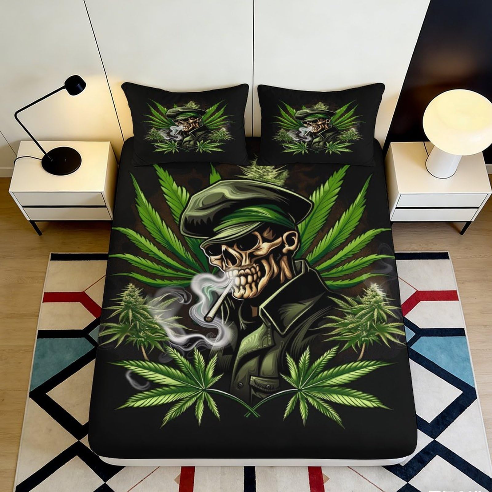 3D Printed Smoking Skull Cannabis Fitted Sheet Microfiber Soft Breathable Leaf Bed Cover for Bedroom Decor 90x200x25cm