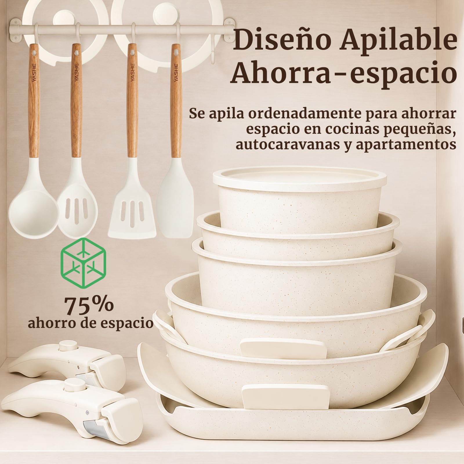 YASHE Batería de Cocina 21 Piezas, Antiadherente para Inducción y Horno | Juego de Sarténes y Ollas Atóxica con Mango Extraíble, Ollas Apilables, Juego Ahorrador de Espacio para Caravana, Sin PFOA