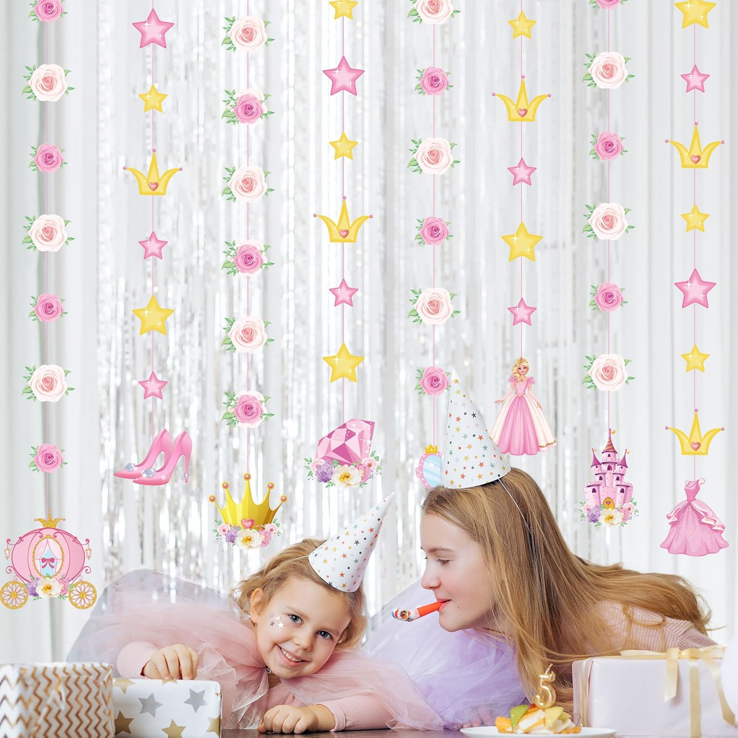 Sinload 8 Pieces Floral Princess Party Decorations Princess Theme Garland Banners Pink Gold Castle Crown Carriage Paper Cutouts for Birthday Baby Shower Favors Classroom Supplies