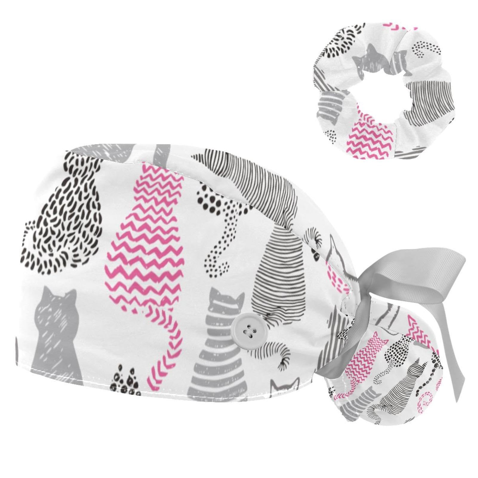 Adjustable Brown Dachshund Dog Blue Surgical Scrub Cap with Button Sweatband for Women with Bow Hair Scrunchy