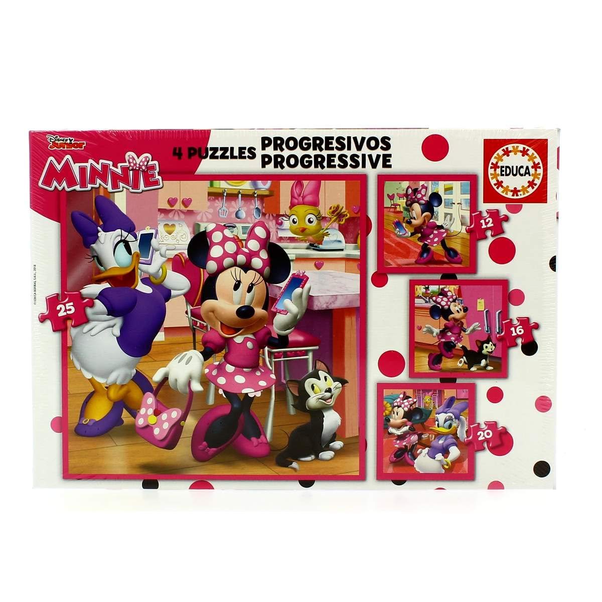 Educa - 4 puzzles progressivi di cartone per bambini | Minnie. Misura: 16 x 16 cm. 4 puzzle da 12/16/20 e 25 pezzi ciascuno. A partire dai 3 anni (17630)