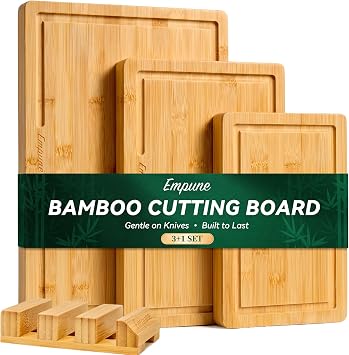 Empune 3+1 PCS Large Bamboo Cutting Boards for Kitchen, Reversible, Natural