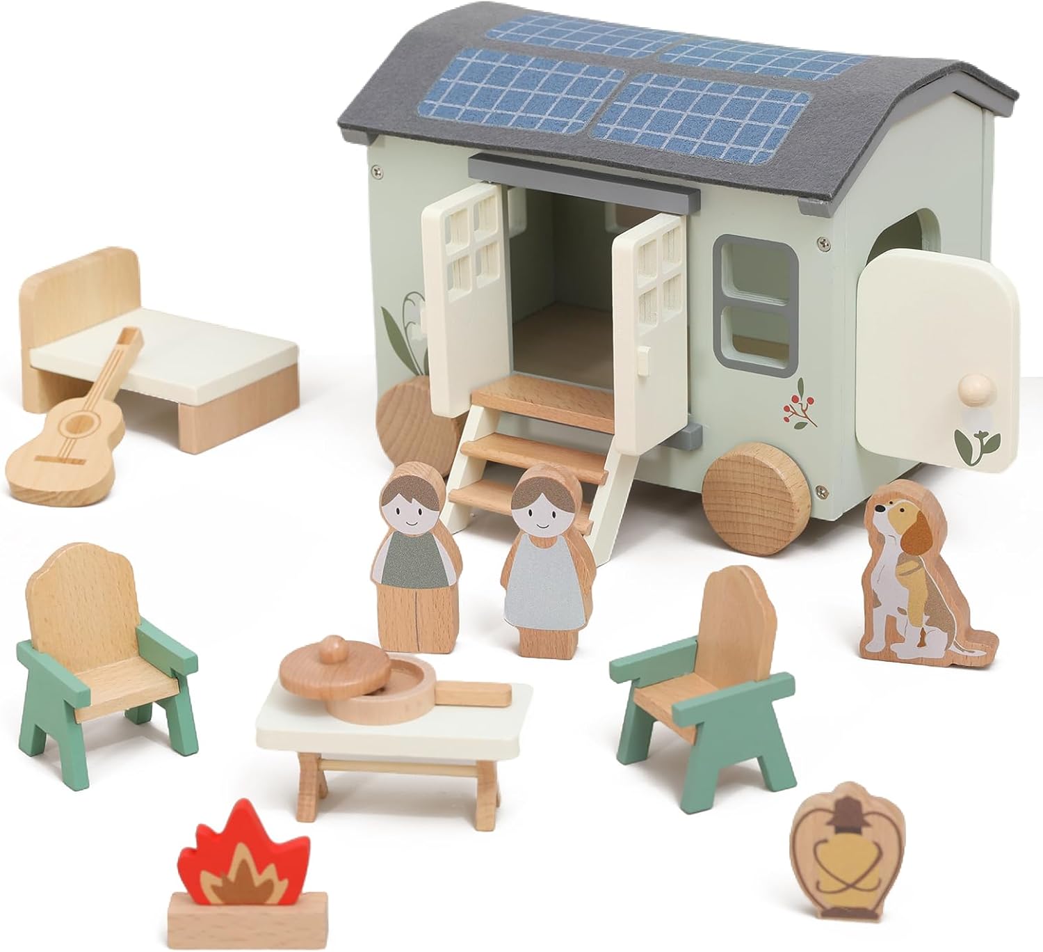 Youuys Wooden Dollhouse Camping Recreational Vehicle - Portable Playhouse Set with 2 Dolls, Pretend Camping House with Smooth-Rolling Wheels, Ready to Play Toy Gift for Boys Girls Kids Age 18M 13PCS