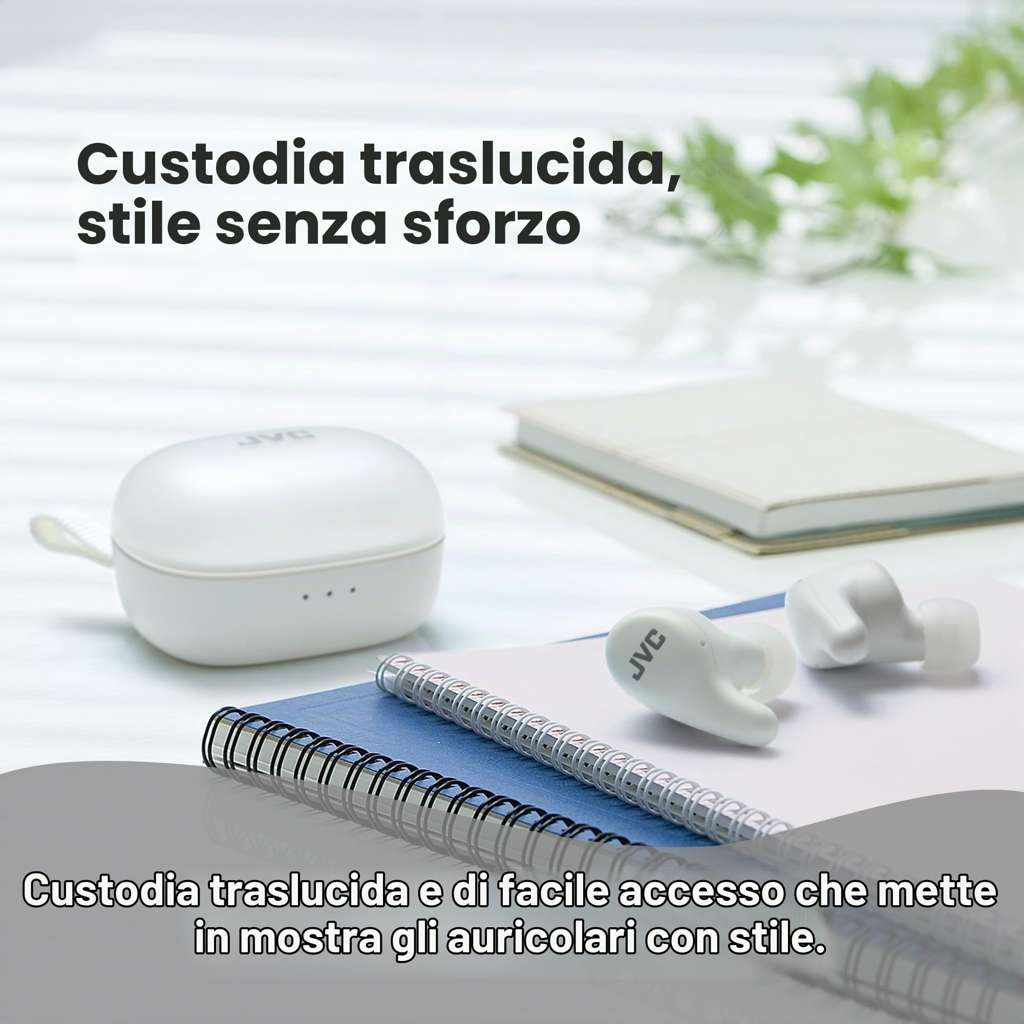 JVC HA-A23T-W - Auricolari True Wireless Gumy Premium con Cancellazione del Rumore, Bluetooth 5.4, Modalità Suono Ambientale, 26 ore di autonomia e Custodia di Ricarica Traslucida, USB-C, Bianco