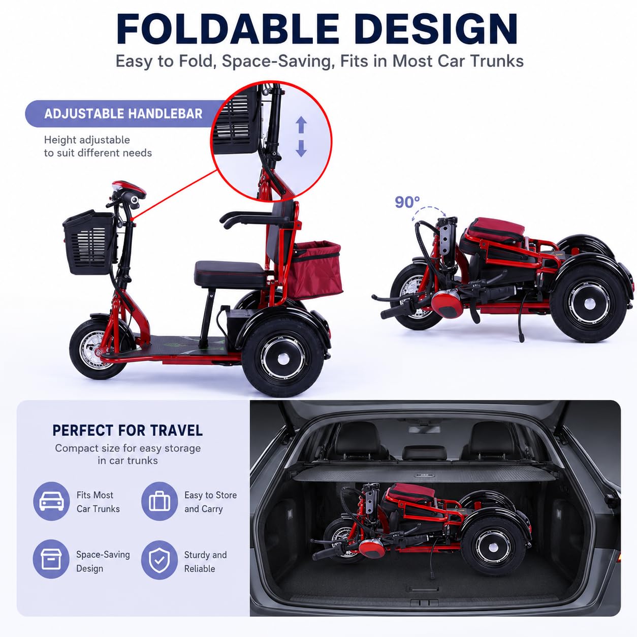 Scooter De Movilidad Para Adultos Mayores Y Adultos: Plegable, Batería Extraíble (Autonomía: 40 Km), Scooter De 3 Ruedas, Ajuste De 3 Velocidades,Color Rojo,Capacidad De 150 Kg