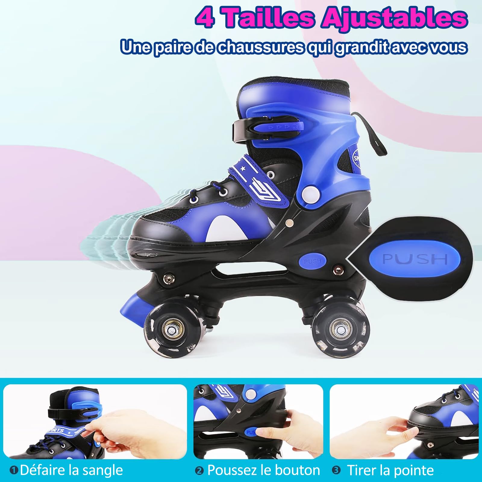 Patins à roulettes pour Enfants Filles: Roller Enfant Fille, Rollers Quad avec 4 Taille Réglable, 8 Roues Lumineuses, Maille Respirante - Rose