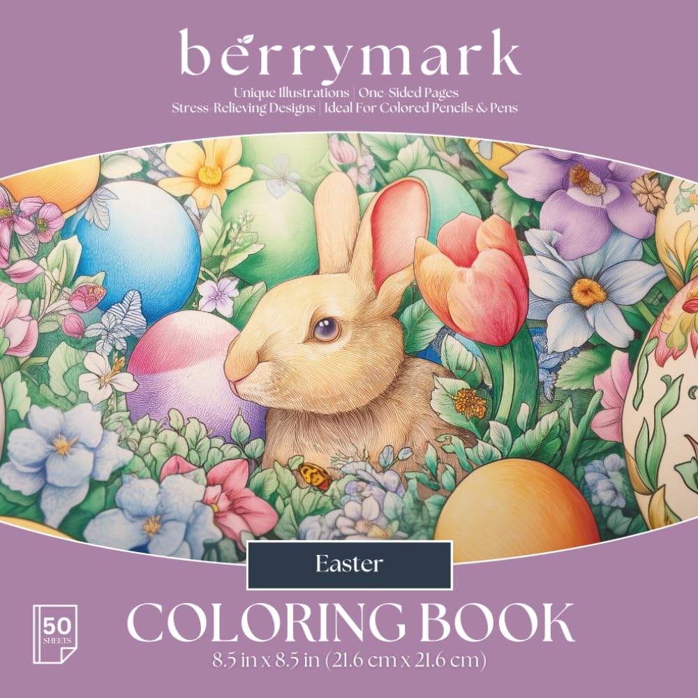 BERRYMARK Coloring Book: Easter, One-Sided, 50 Sheets, 8.5x8.5 Inches Coloring Pages