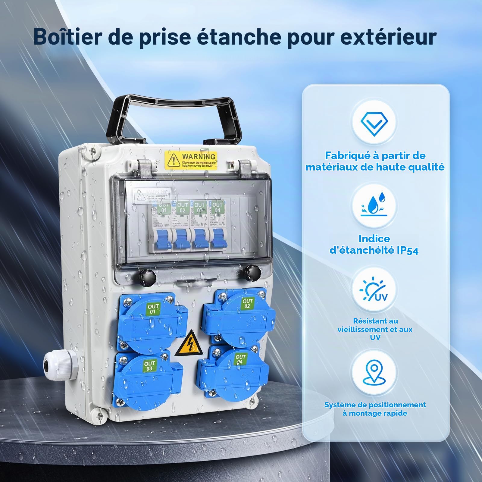 Coffret Électrique de Chantier 4×230 V, IP54 16A Coffret Chantier Répartiteur Mural avec Disjoncteur, Distributeur de Puissance pour Ateliers, Chantiers et Usines