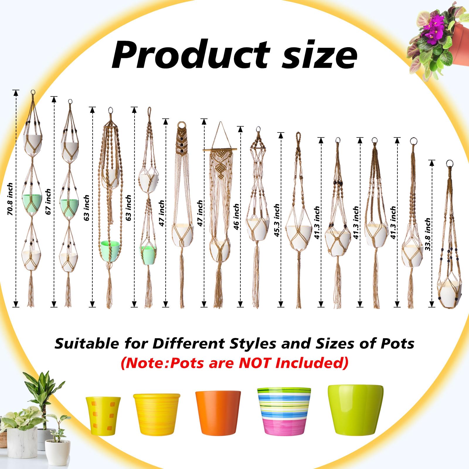 SATINIOR Lot de 12 cintres en macramé faits à la main pour pots de fleurs d'intérieur et d'extérieur - 12 designs différents à étages - Style élégant