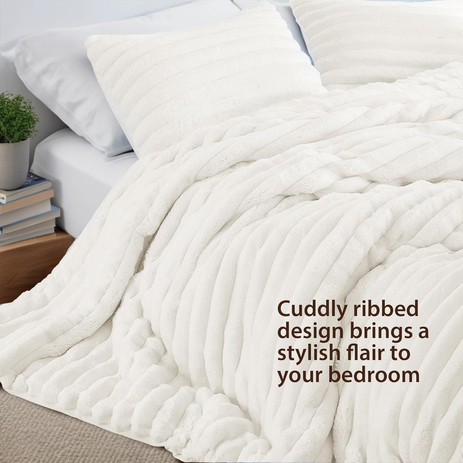 cuddly ribbed fluffy comforter set queen size, super soft plush fleece bedding set, warm fuzzy comforter with matching shams, all-season cozy 3-piece bed set, ivory white ivory full/queen