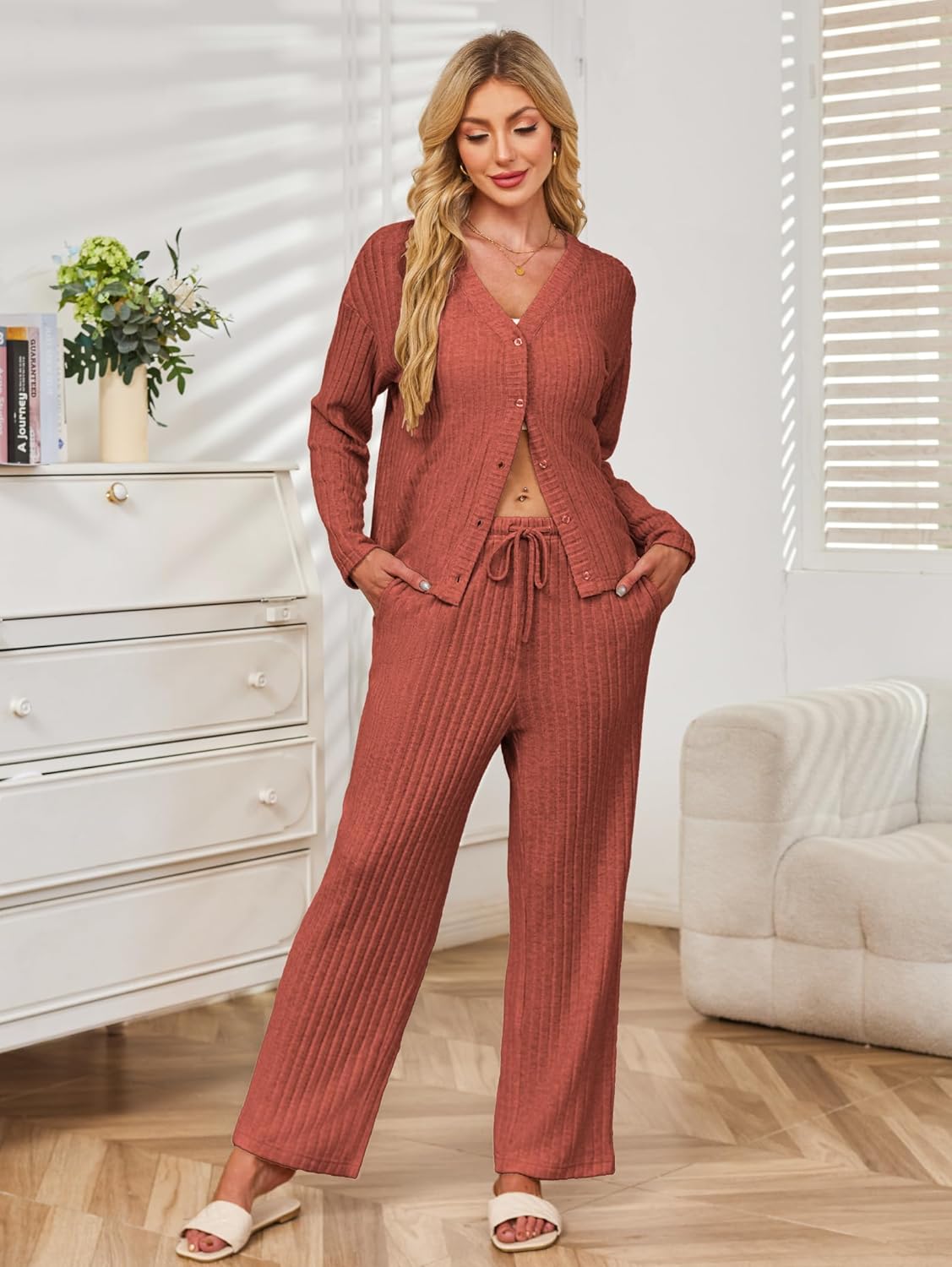 Kikibell Womens Pajamas Sets Button Down Lounge Set 2 Piece Sleepwear Loungewear Long Sleeve Pjs with Pocket Fall Outfits - Image 2