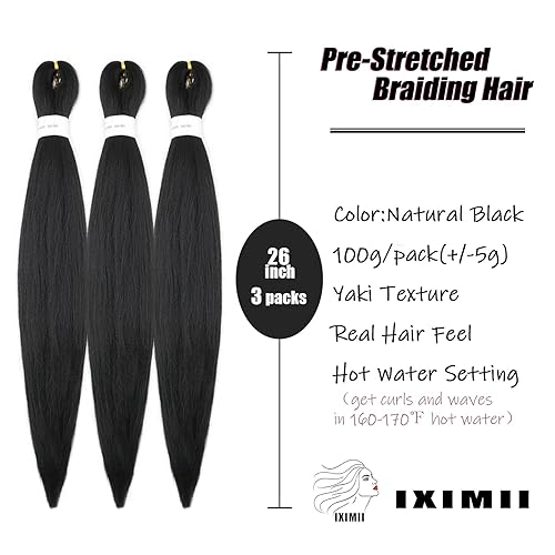Miniatura 2 de IXIMII Cabello trenzado preestirado negro de 26 pulgadas, 3 paquetes #1B de trenzas preestiradas, pelo sintético liso suave con textura Yaki