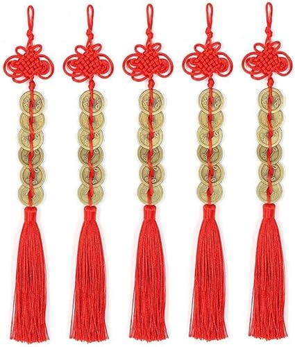 Retro 6 monedas nudo chino rojo cobre Feng Shui riqueza éxito éxito suerte encanto hogar coche perchas decoraciones (paquete de 5)