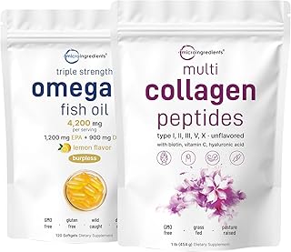 Micro Ingredients Multi Collagen Protein Powder 16oz & Omega-3 Fish Oil 4,200 mg Softgels Bundle 2 Pack | Grass-Fed Collag...