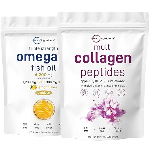 Micro Ingredients Multi Collagen Protein Powder 16oz & Omega-3 Fish Oil 4,200 mg Softgels Bundle 2 Pack | Grass-Fed Collagen Peptides | Wild-Caught Fish, Lemon Flavored, Burpless