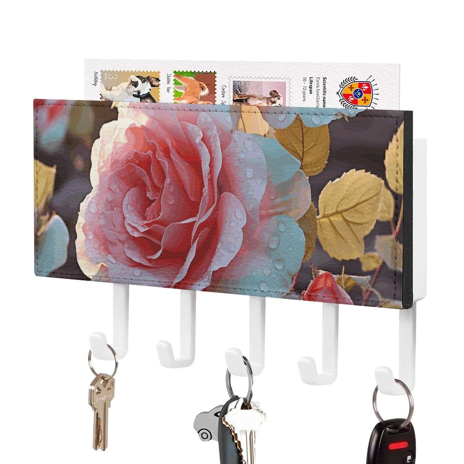 Soporte para llaves de pared con diseño de rosas y flores silvestres y 5 ganchos