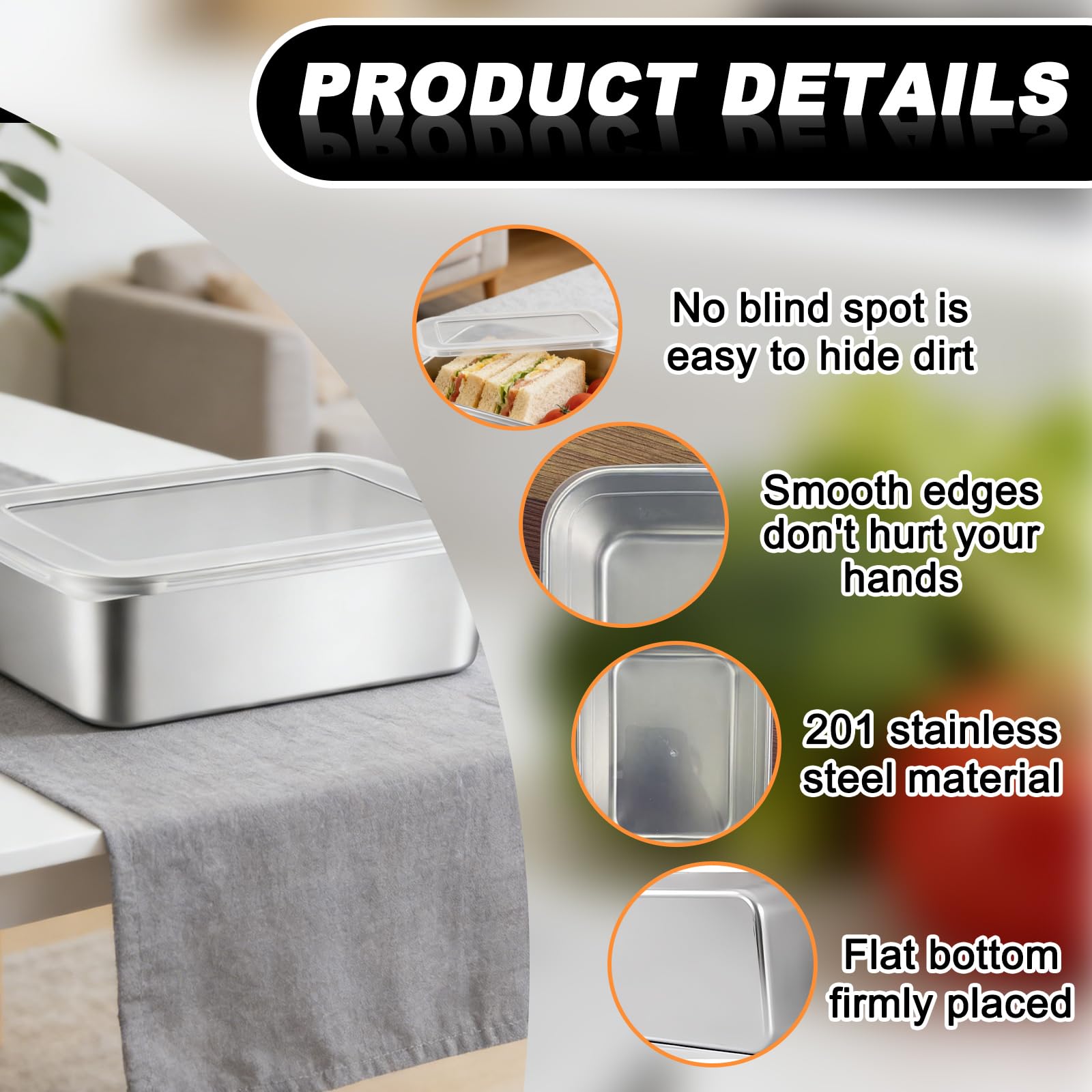 Barattolo in acciaio inox da 1100 ml: 6 contenitori per alimenti con coperchio, design monopezzo, contenitore per alimenti con coperchio trasparente, per cucina e magazzino, 18 × 13 × 6 cm