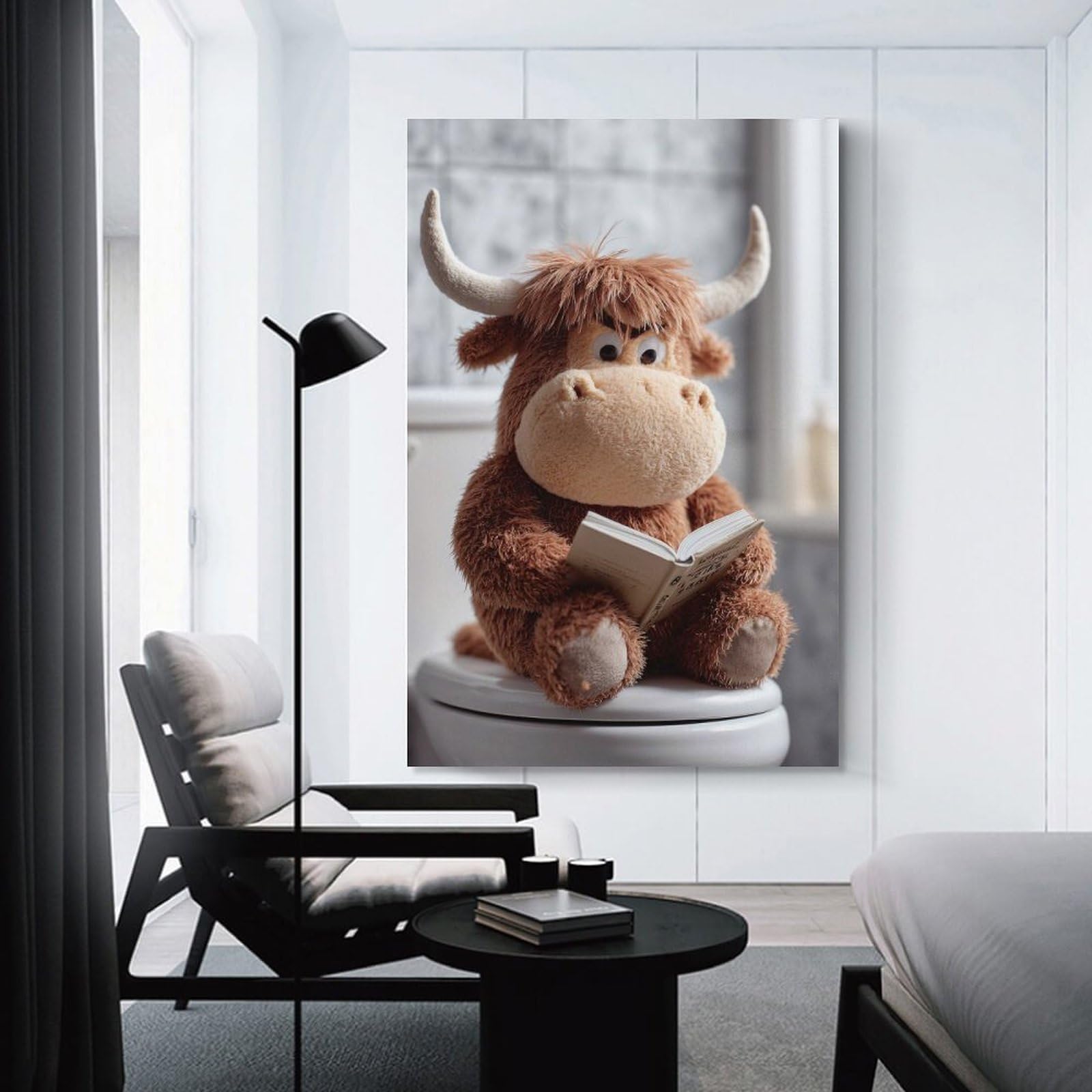 Junmoney Stuffed Bull Reading on Toilet Canvas Art Print 20x30inch(50x75cm), for New Homes, Bedrooms Or Workspaces, Gift Idea for Housewarming And Birthdays