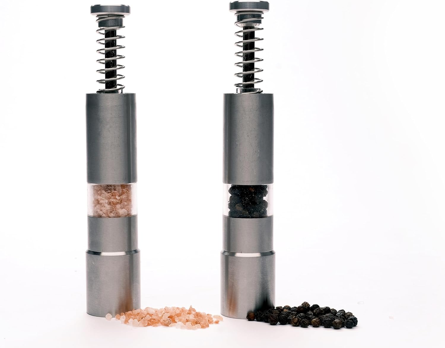 Jokari Season Pro Grinder Set of 2 - Stainless Steel, Spring Action, One-Handed Grinding, Clear Acrylic Stand, Refillable for Salt, Pepper, Spices