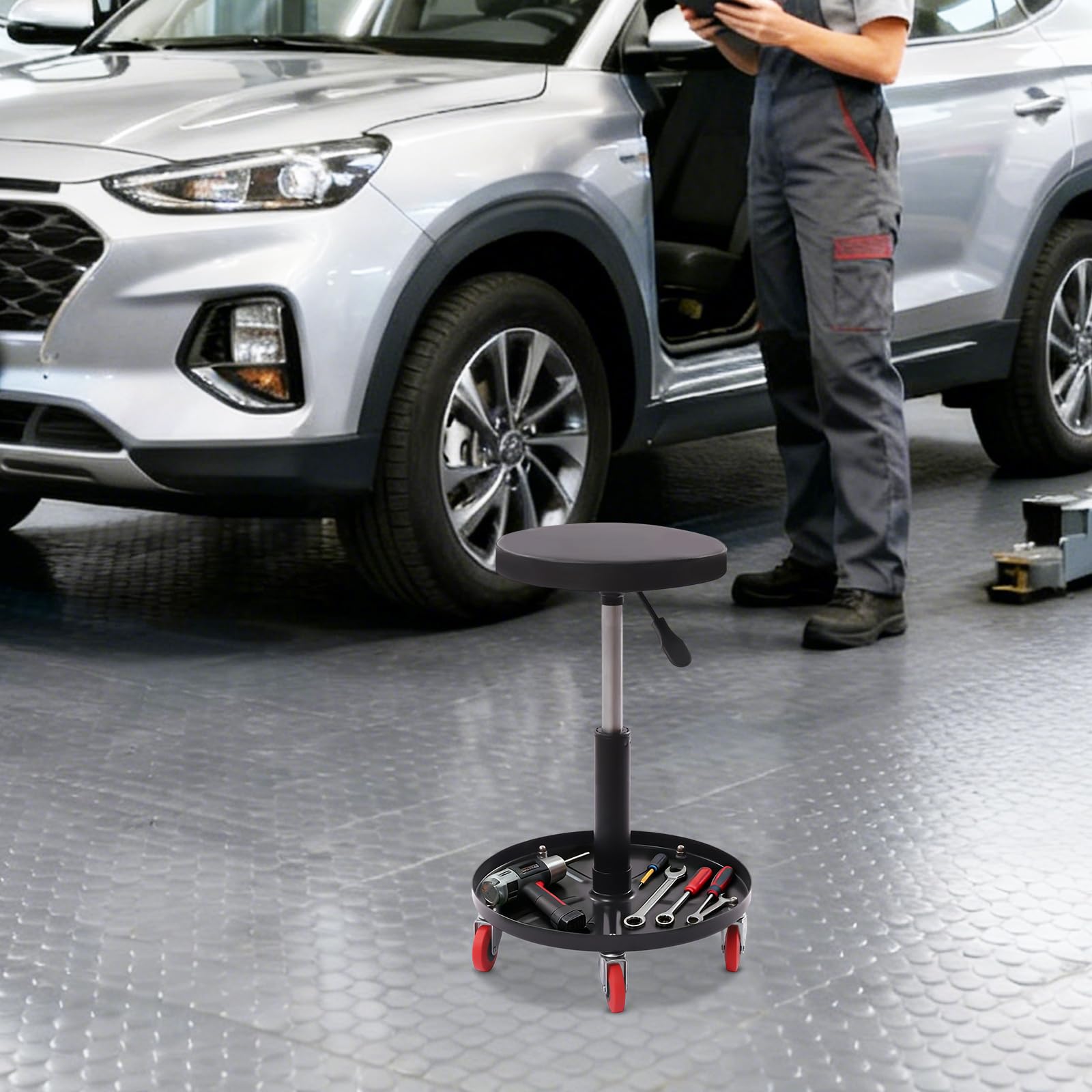 Sgabello da officina con ruote e vassoio per attrezzi, sedile pneumatico regolabile in altezza 44-56 cm, girevole a 360°, portata 300 kg, per garage e officina