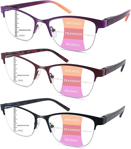 Miniatura 1 de LOVIVY Paquete de 3 lentes de lectura progresivos multienfoque para mujeres y hombres, de metal, medio marco, multifocales, con bisagras de resorte