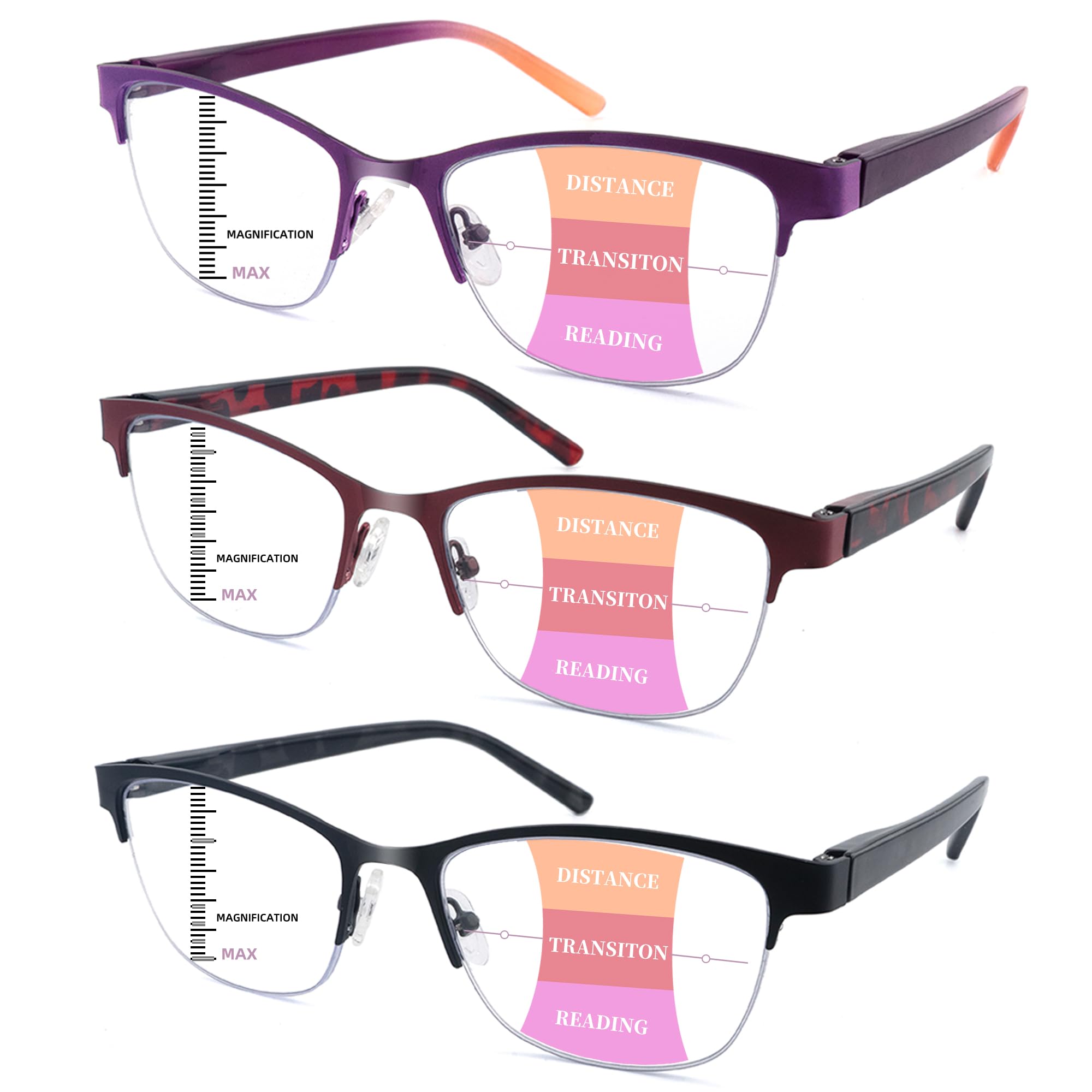 LOVIVY 3 Pack Progressive Reading Glasses for Women Men Metal Half Frame Multifocal Readers with Spring Hinges