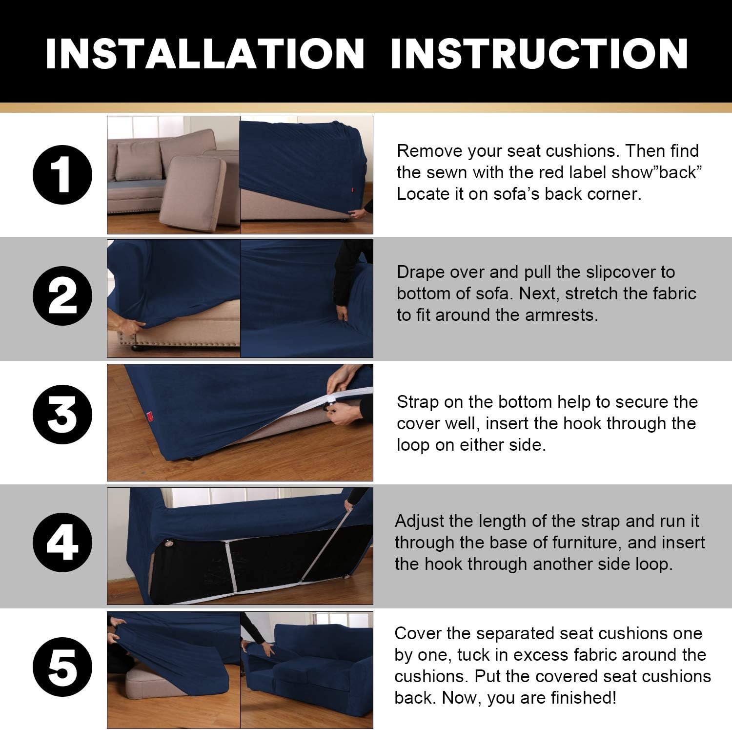 3 Pieces Sofa Covers Stretch Velvet Couch Covers for 2 Cushion Sofa Slipcovers Soft Sofa Slip Covers with 2 Non Slip Straps Furniture Covers with 2 Individual Seat Cushion Covers (Medium, Navy) : Home & Kitchen