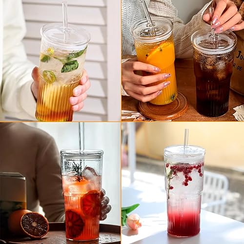 Miniatura 6 de Paquete de 4 vasos de vidrio de 22 onzas con tapas y pajitas, taza de café acanalada, vaso para agua, botella de agua reutilizable, boca ancha,