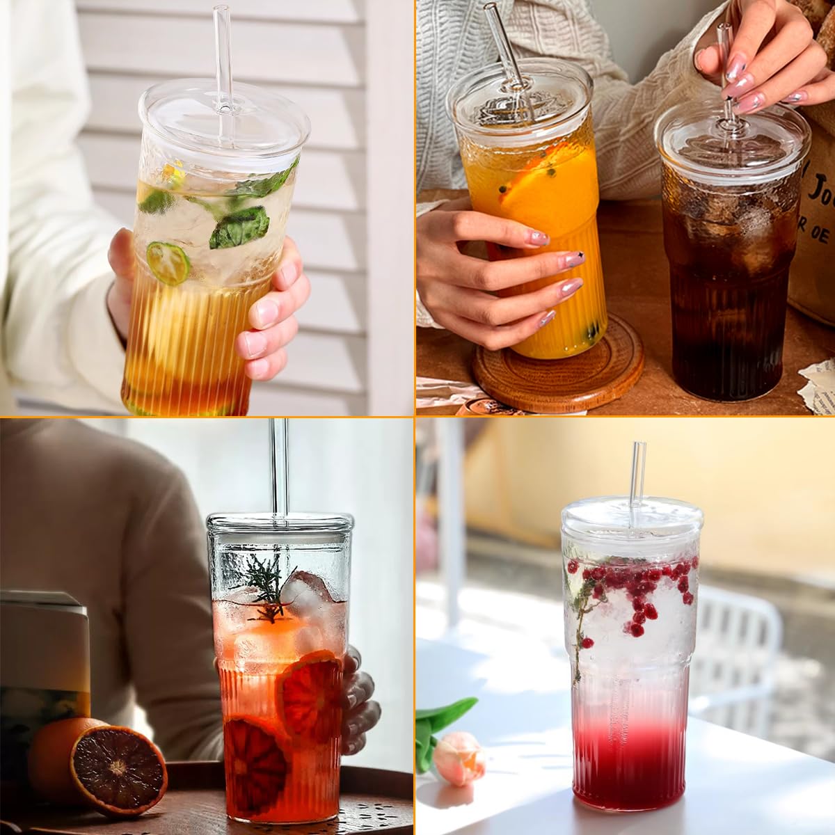 Paquete de 4 vasos de vidrio de 22 onzas con tapas y popotes, tazas de café de vidrio acanalado, vaso de agua, botella de agua reutilizable, vasos de boca ancha, tazas de batidos, taza de café de
