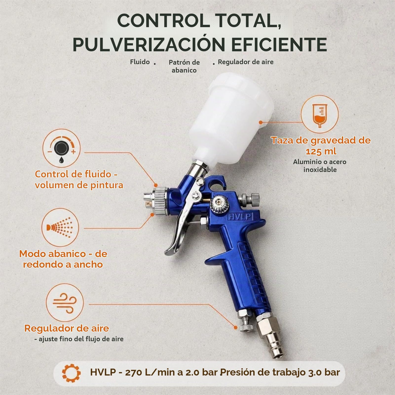 FTVOGUE Pistola de Pulverización de Alimentación por Gravedad Hvlp Tipo Pintura Pulverizadora Neumática Aerógrafo Kit de Herramientas de Pintura con 125 Ml Taza(1.0 mm)