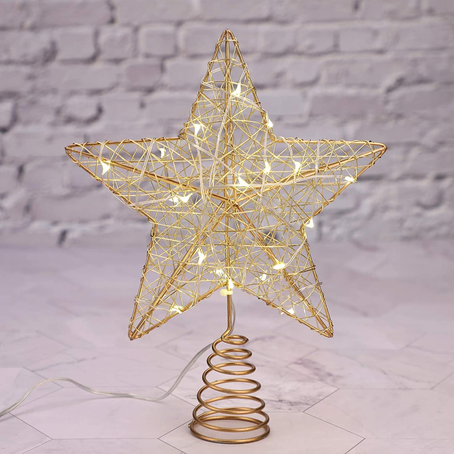 Holitown Christmas Tree Toppers, 7“ Star Treetop Warm White 20 Lights, Lighted Tree Topper Battery Powered with Timer, Retro Style Metal Xmas Treetop Star for Xmas Tree Indoor Decor
