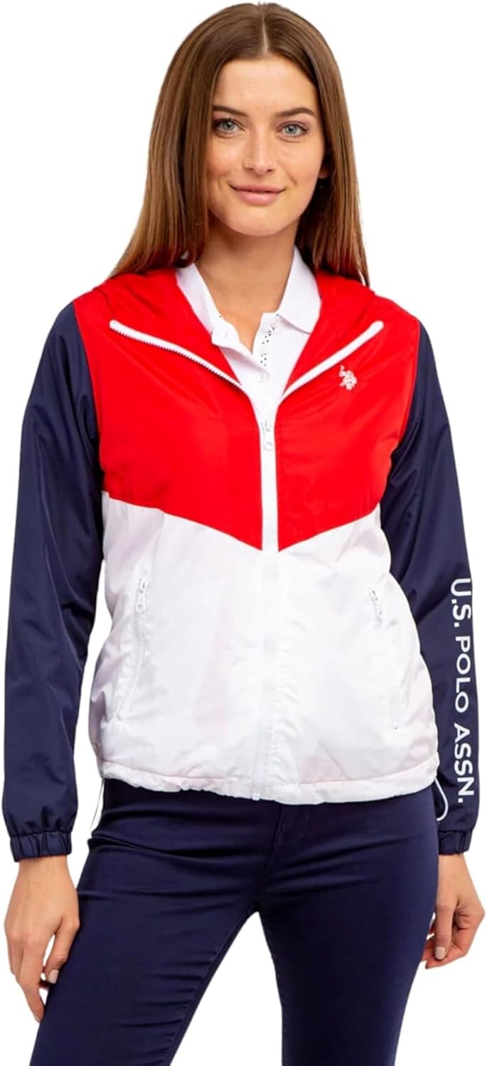 U.S. Polo Assn. women Hooded Colorblocked Polar Fleece Lined Americana Windbreaker