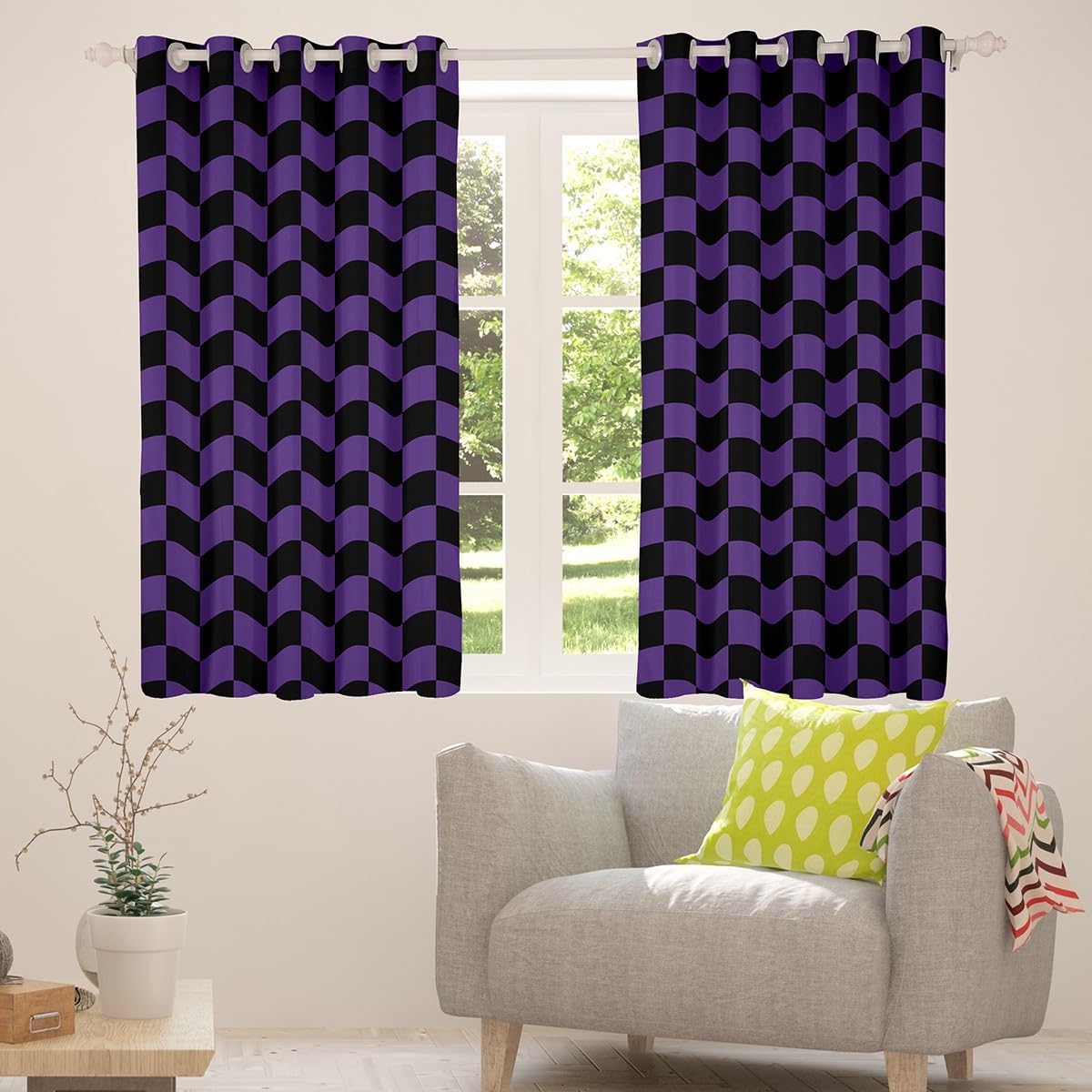 Geometric Grid Plaids Kids Window Curtains,Geometric Checkerboard Patchwork Window Drapes for Girls Boys,Abstract Latticed Purple Black Chic Window Treatments Grommet Top 2 Panel Set,42Wx63L inch
